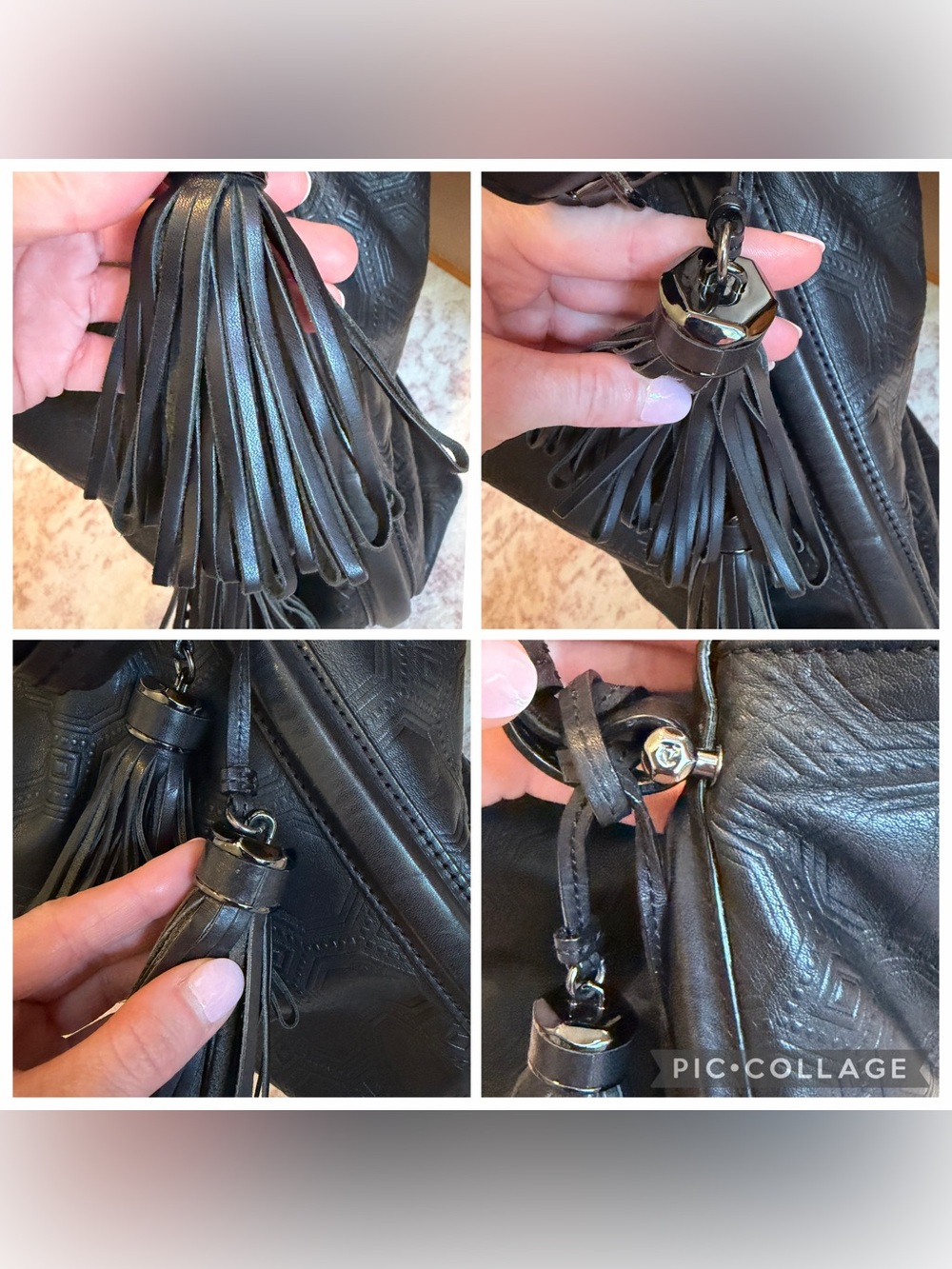 Vince Camuto Signature Black Embossed Leather Hobo Bag with Removable Tassels - Picture 9 of 11